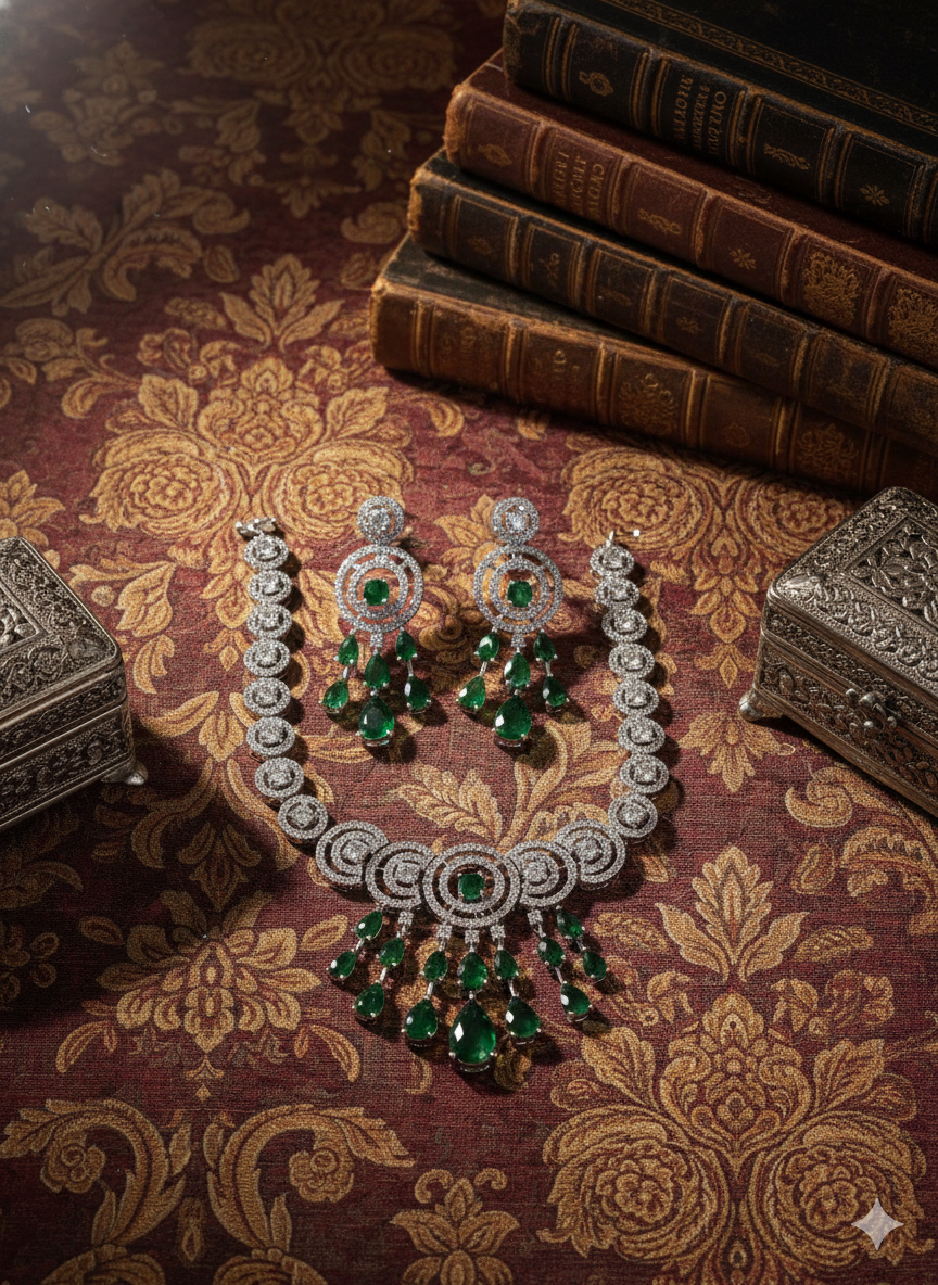 Diamond Rhodium Plated Jewellery With Necklace & Drop Earrings